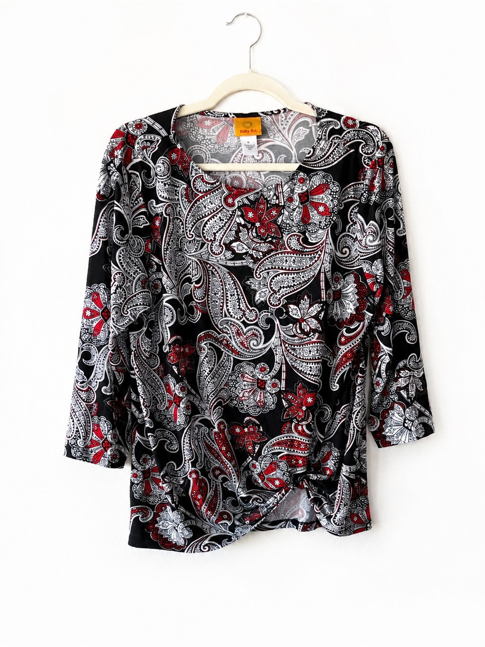 Ruby Rd. Black, Red & White Paisley Twist-Front Long Sleeve Top